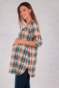 рубашка для беременных клетка оранжевый-бирюзовый euromama фото 2