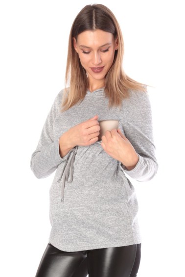 джемпер серый с капюшоном для беременных и кормящих euromama
