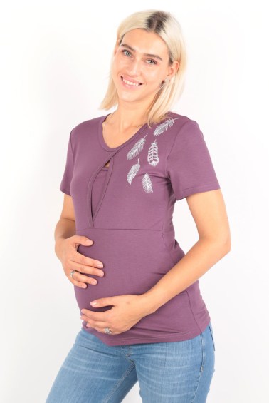 футболка для беременных и кормящих перья сливовая euromama